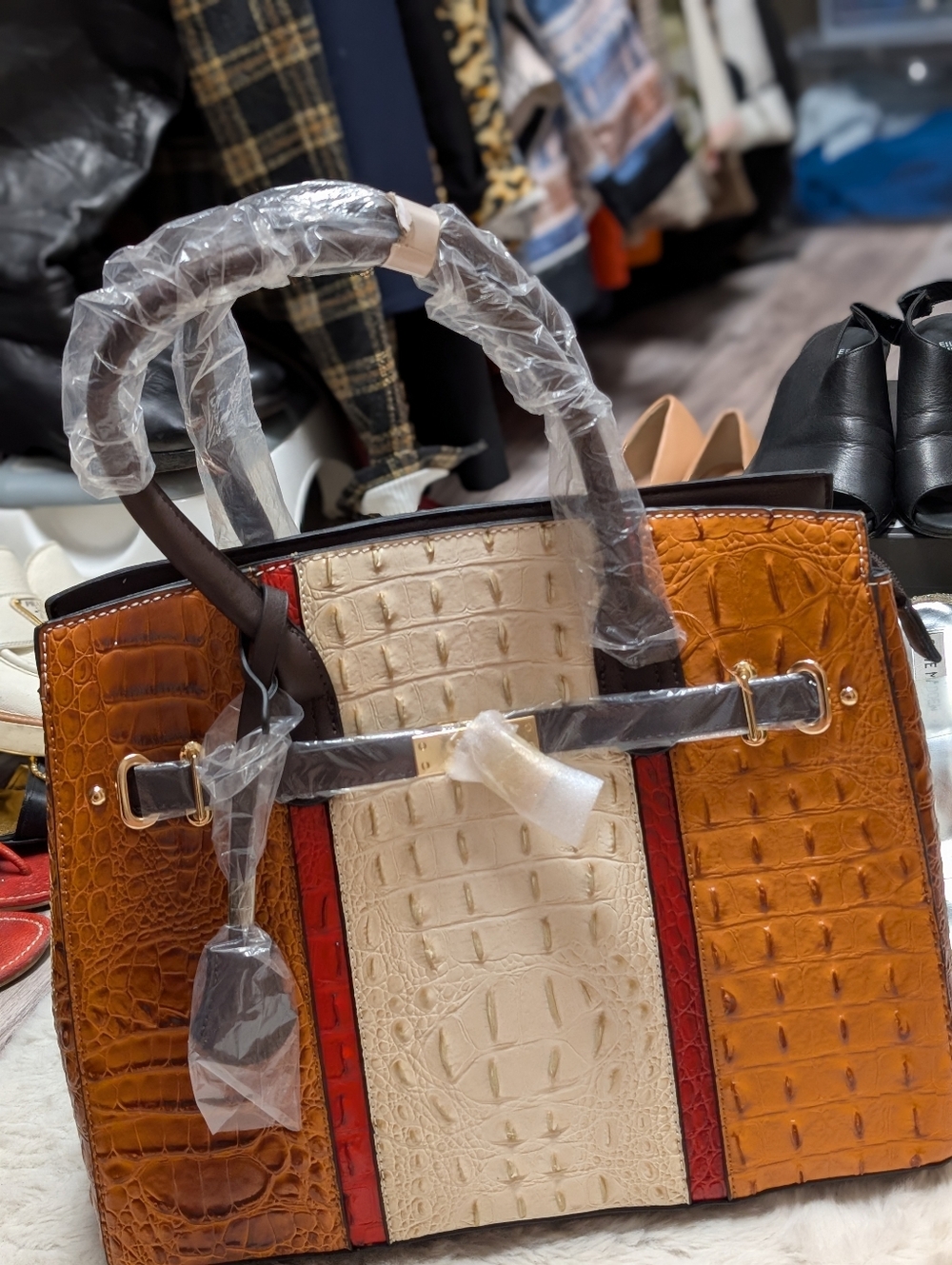 Croc-Embossed Structured Satchel in Cream and Brown with Red Trim 14" X 11"